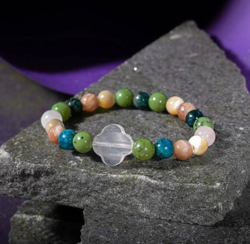 Boğa Burcu Bileklik Güneş Taşı, Mavi Apatit, Pembe Kuvars, Sedef, Yeşim - 3