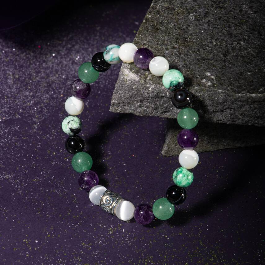 Boğa Burcu Bileklik Güneş Taşı, Mavi Apatit, Pembe Kuvars, Sedef, Yeşim - 1