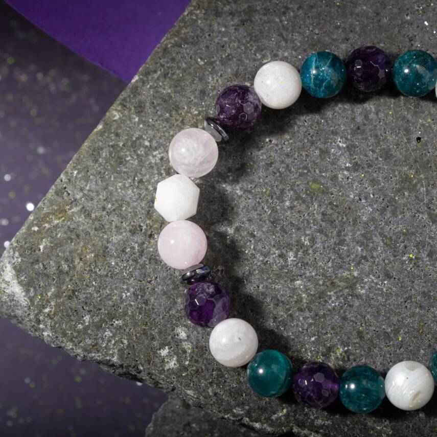 Boğa Burcu Bileklik Güneş Taşı, Mavi Apatit, Pembe Kuvars, Sedef, Yeşim - 4