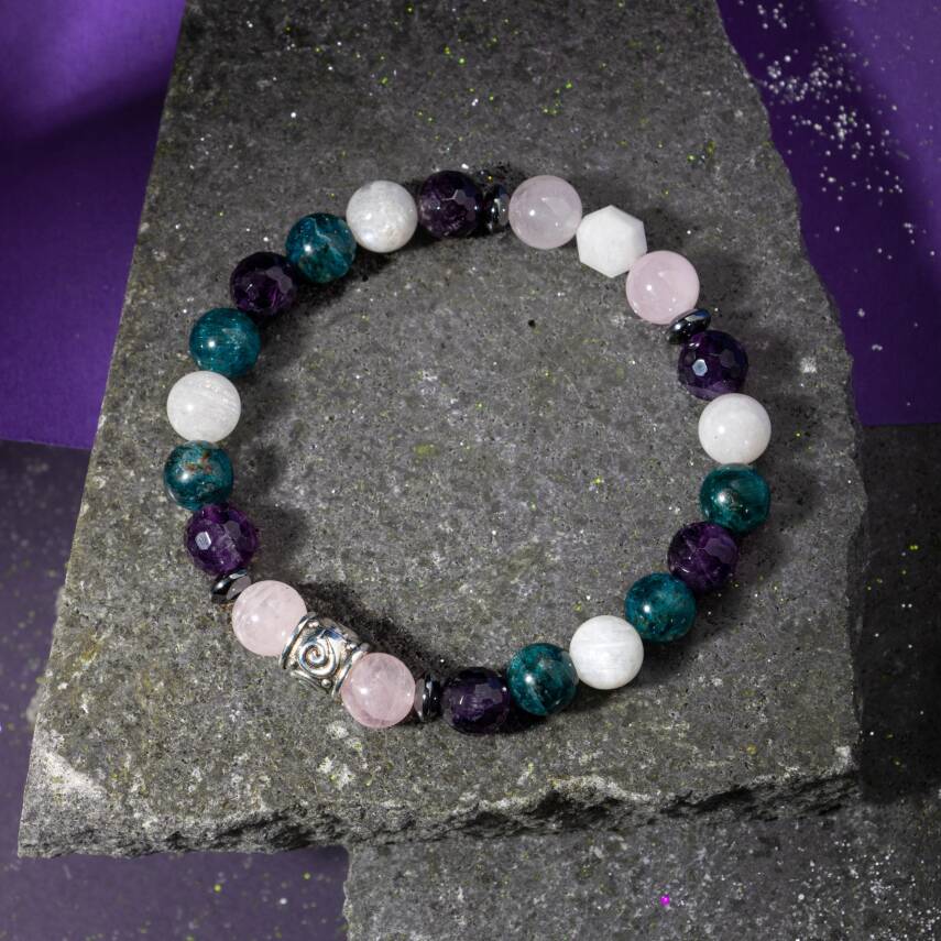 Boğa Burcu Bileklik Güneş Taşı, Mavi Apatit, Pembe Kuvars, Sedef, Yeşim - 5