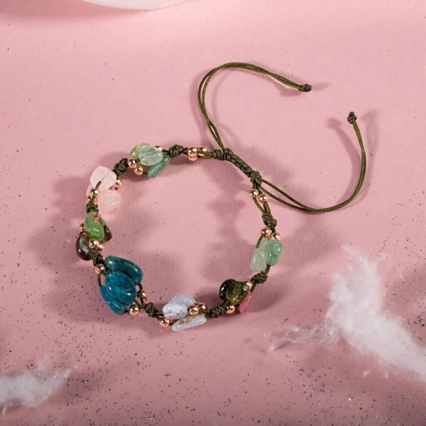 Boğa Burcu Bileklik Kalsedon, Kiyanit, Krizopras, Mavi Apatit, Pembe Kuvars, Renkli Turmalin, Yeşil Aventurin - 1