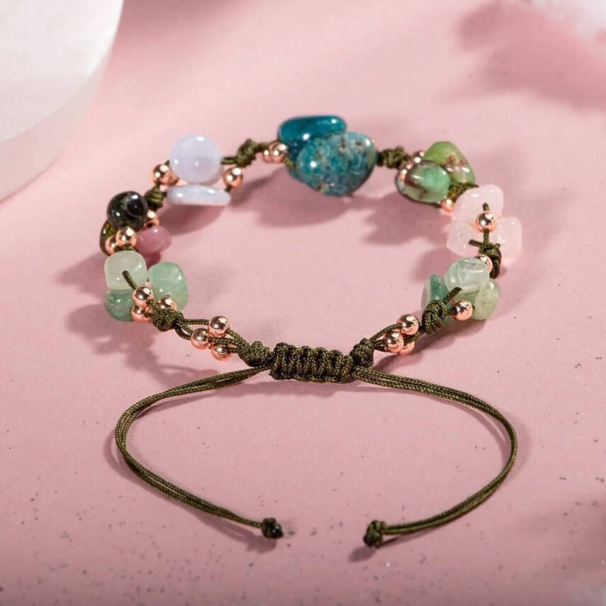 Boğa Burcu Bileklik Kalsedon, Kiyanit, Krizopras, Mavi Apatit, Pembe Kuvars, Renkli Turmalin, Yeşil Aventurin - 3