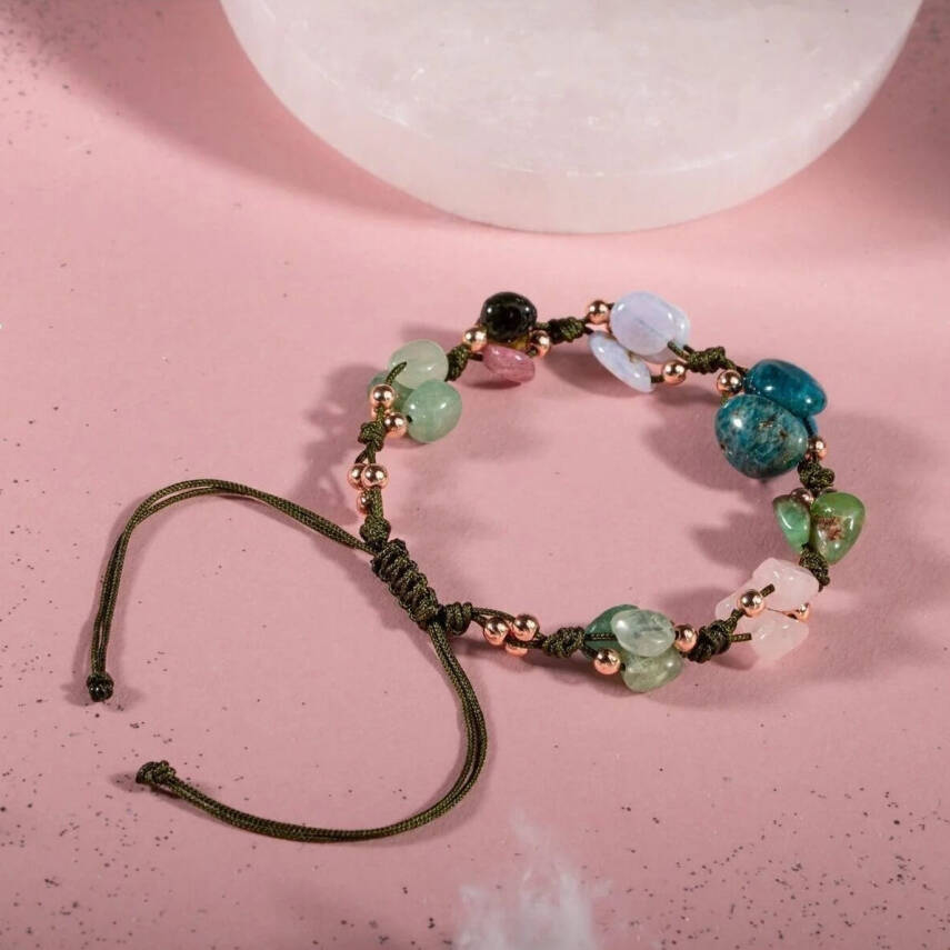 Boğa Burcu Bileklik Kalsedon, Kiyanit, Krizopras, Mavi Apatit, Pembe Kuvars, Renkli Turmalin, Yeşil Aventurin - 4