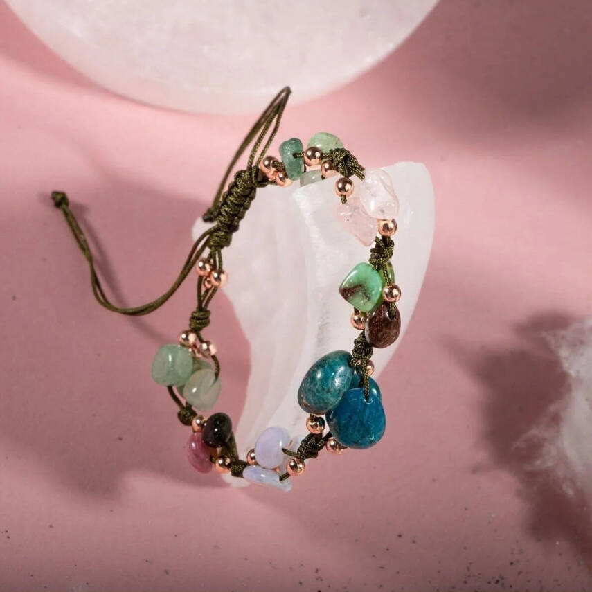 Boğa Burcu Bileklik Kalsedon, Kiyanit, Krizopras, Mavi Apatit, Pembe Kuvars, Renkli Turmalin, Yeşil Aventurin - 5