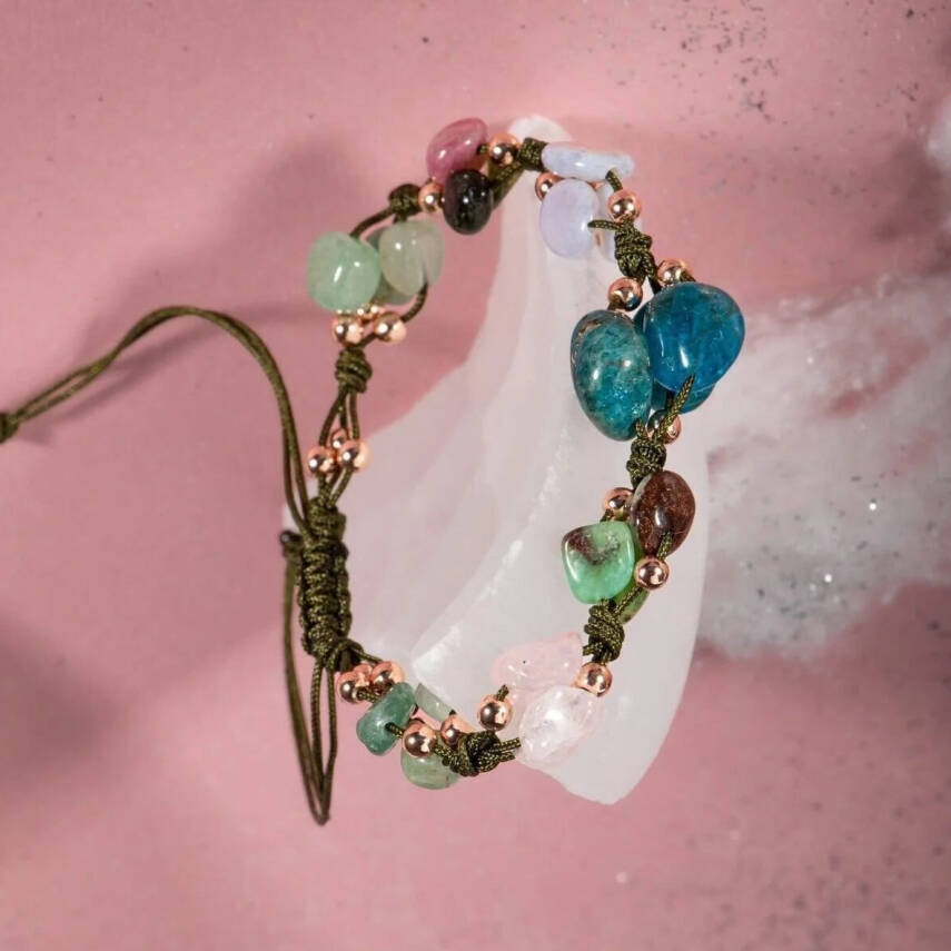 Boğa Burcu Bileklik Kalsedon, Kiyanit, Krizopras, Mavi Apatit, Pembe Kuvars, Renkli Turmalin, Yeşil Aventurin - 6