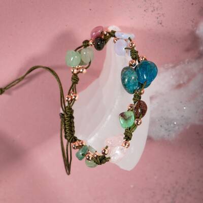 Boğa Burcu Bileklik Kalsedon, Kiyanit, Krizopras, Mavi Apatit, Pembe Kuvars, Renkli Turmalin, Yeşil Aventurin - 3