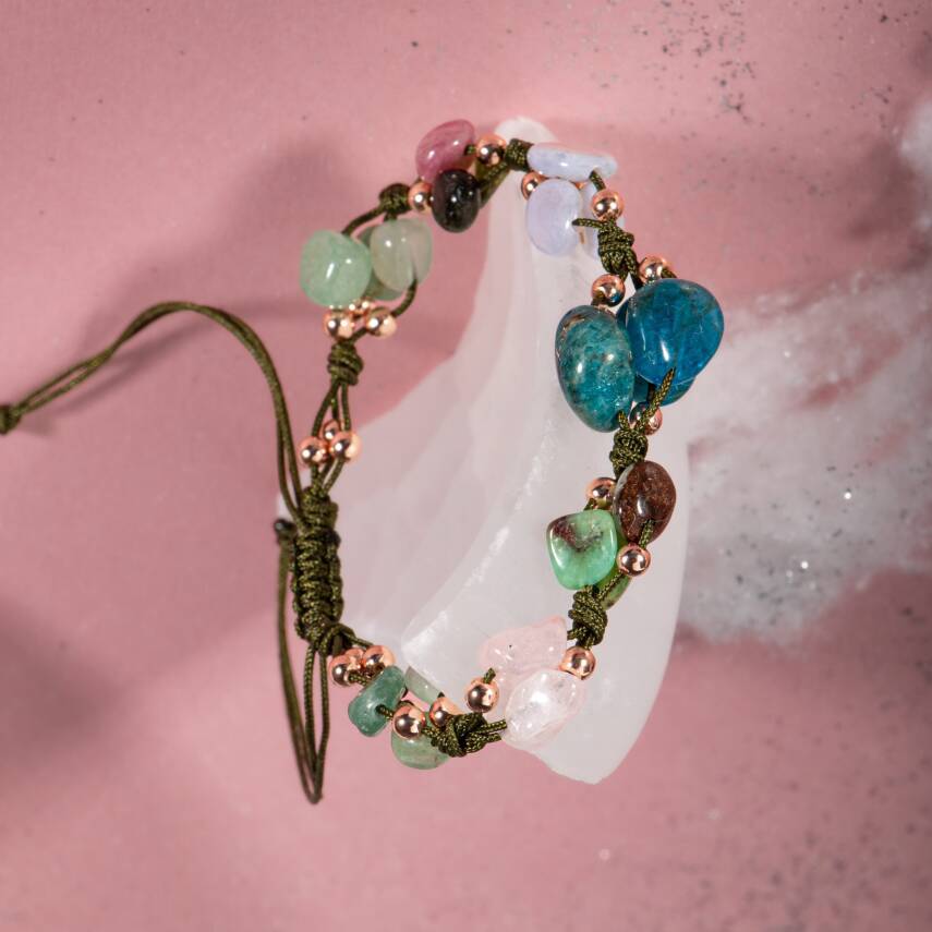 Boğa Burcu Bileklik Kalsedon, Kiyanit, Krizopras, Mavi Apatit, Pembe Kuvars, Renkli Turmalin, Yeşil Aventurin - 3