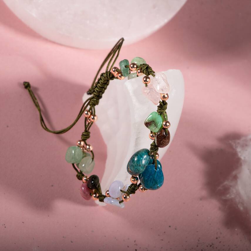 Boğa Burcu Bileklik Kalsedon, Kiyanit, Krizopras, Mavi Apatit, Pembe Kuvars, Renkli Turmalin, Yeşil Aventurin - 4