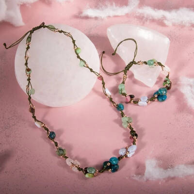 Boğa Burcu Doğal Taş Natürel Makrome Kolye Bileklik Seti Apatit Aventurin Kiyanit Kalsedon Krizopras Pembe Kuvars Turmalin - Osmanlı Doğaltaş