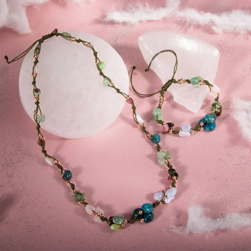 Boğa Burcu Doğal Taş Natürel Makrome Kolye Bileklik Seti Apatit Aventurin Kiyanit Kalsedon Krizopras Pembe Kuvars Turmalin - 1