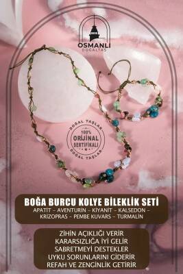 Boğa Burcu Doğal Taş Natürel Makrome Kolye Bileklik Seti Apatit Aventurin Kiyanit Kalsedon Krizopras Pembe Kuvars Turmalin - 2
