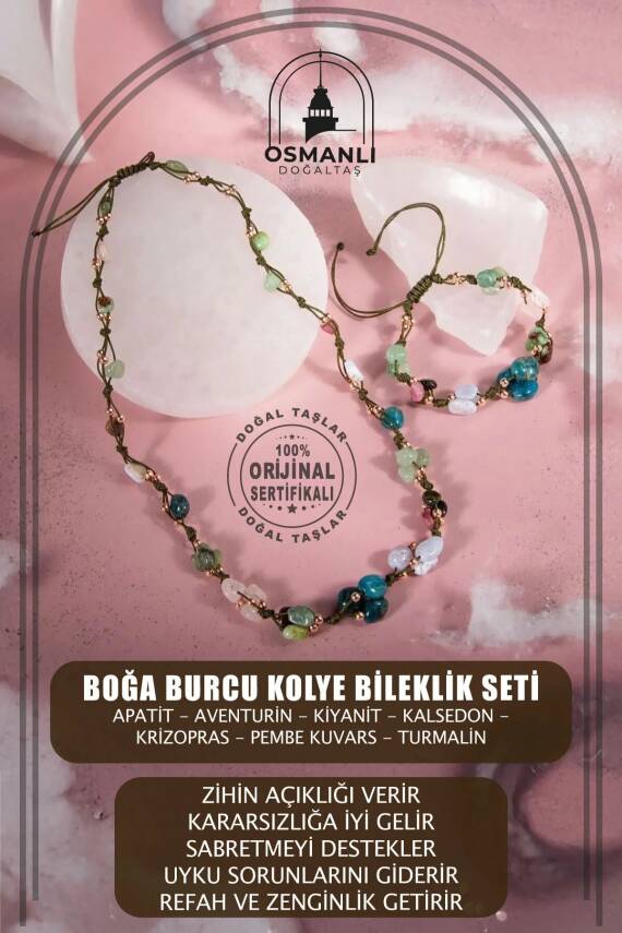 Boğa Burcu Doğal Taş Natürel Makrome Kolye Bileklik Seti Apatit Aventurin Kiyanit Kalsedon Krizopras Pembe Kuvars Turmalin - 2