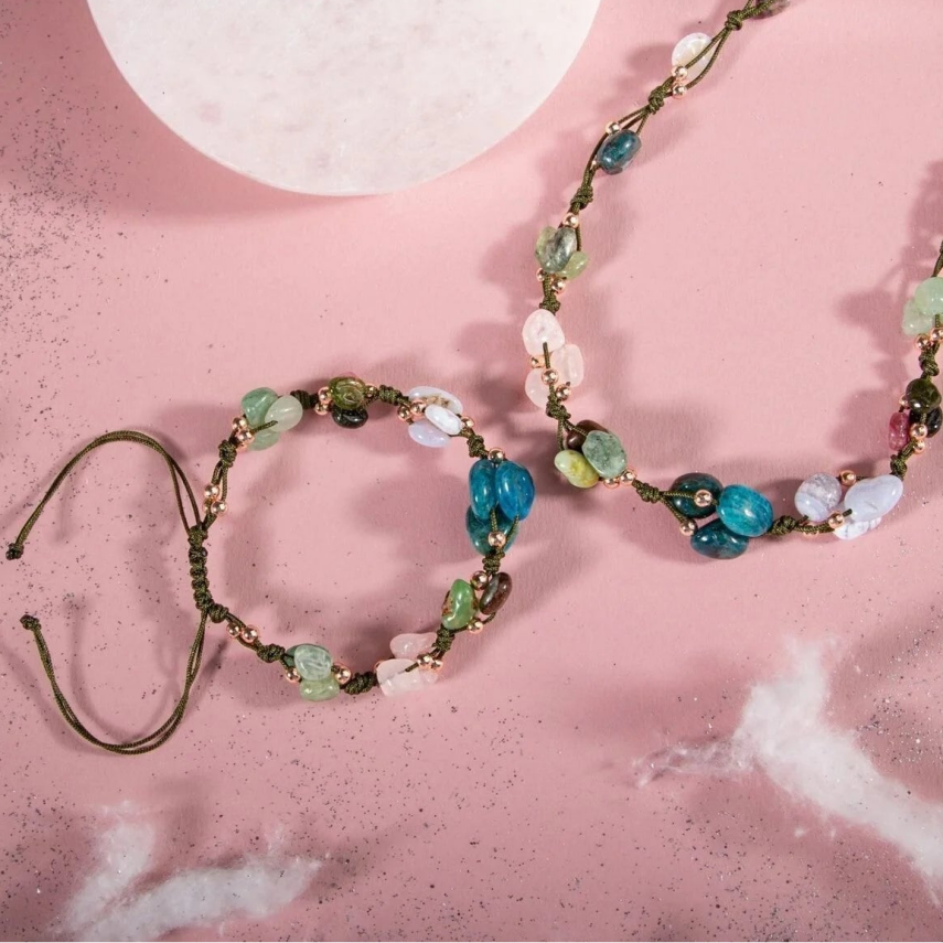 Boğa Burcu Doğal Taş Natürel Makrome Kolye Bileklik Seti Apatit Aventurin Kiyanit Kalsedon Krizopras Pembe Kuvars Turmalin - 3