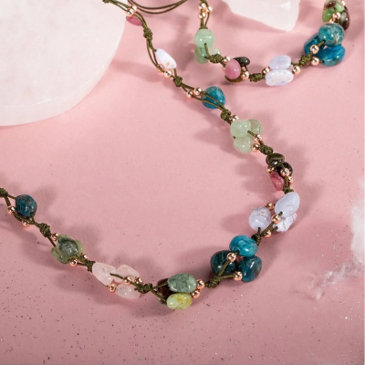 Boğa Burcu Doğal Taş Natürel Makrome Kolye Bileklik Seti Apatit Aventurin Kiyanit Kalsedon Krizopras Pembe Kuvars Turmalin - 4