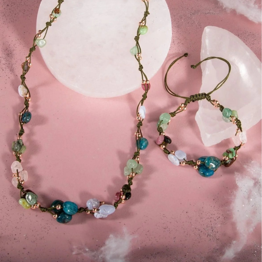 Boğa Burcu Doğal Taş Natürel Makrome Kolye Bileklik Seti Apatit Aventurin Kiyanit Kalsedon Krizopras Pembe Kuvars Turmalin - 5