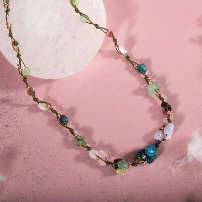 Boğa Burcu Kolye Kalsedon, Kiyanit, Krizopras, Mavi Apatit, Pembe Kuvars, Renkli Turmalin, Yeşil Aventurin - 2