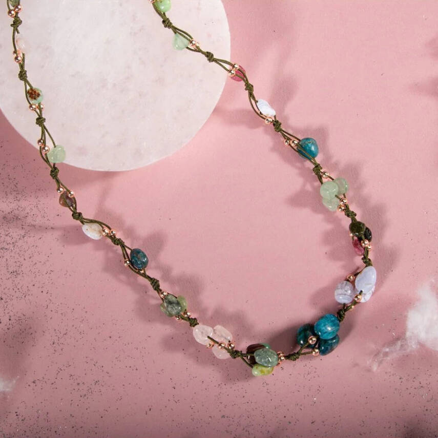 Boğa Burcu Kolye Kalsedon, Kiyanit, Krizopras, Mavi Apatit, Pembe Kuvars, Renkli Turmalin, Yeşil Aventurin - 2