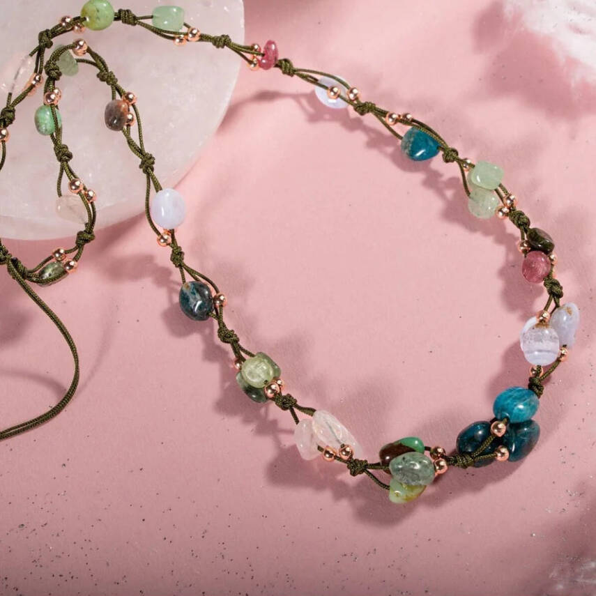 Boğa Burcu Kolye Kalsedon, Kiyanit, Krizopras, Mavi Apatit, Pembe Kuvars, Renkli Turmalin, Yeşil Aventurin - 3