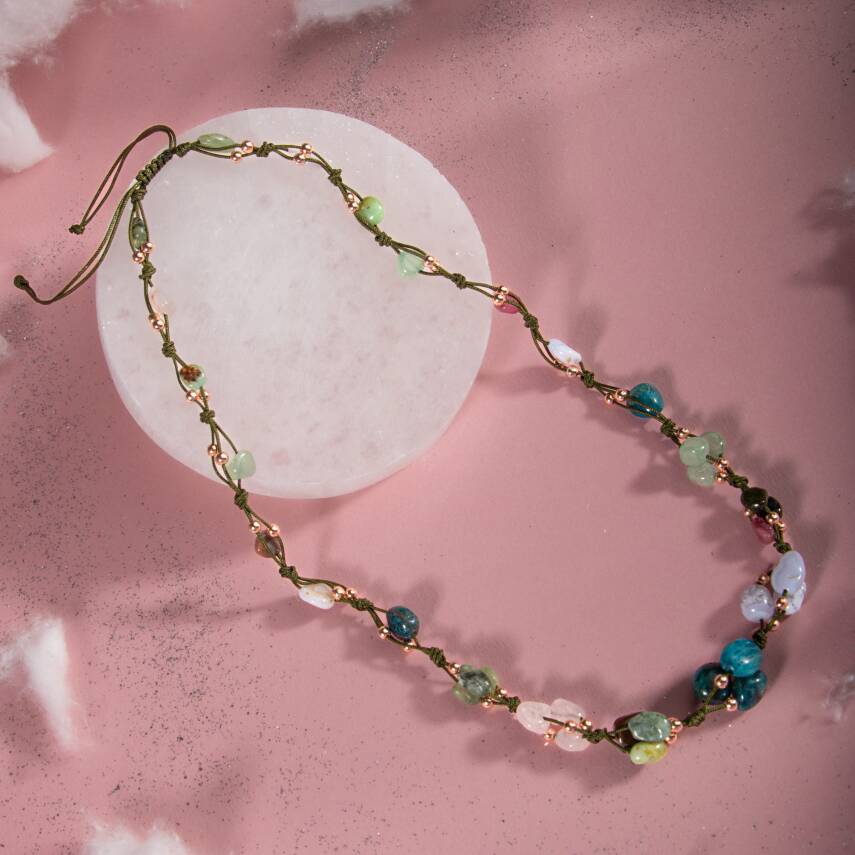 Boğa Burcu Kolye Kalsedon, Kiyanit, Krizopras, Mavi Apatit, Pembe Kuvars, Renkli Turmalin, Yeşil Aventurin - 2