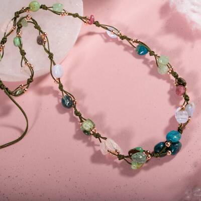 Boğa Burcu Kolye Kalsedon, Kiyanit, Krizopras, Mavi Apatit, Pembe Kuvars, Renkli Turmalin, Yeşil Aventurin - 4