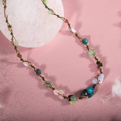 Boğa Burcu Kolye Kalsedon, Kiyanit, Krizopras, Mavi Apatit, Pembe Kuvars, Renkli Turmalin, Yeşil Aventurin - 5