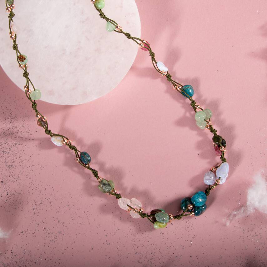 Boğa Burcu Kolye Kalsedon, Kiyanit, Krizopras, Mavi Apatit, Pembe Kuvars, Renkli Turmalin, Yeşil Aventurin - 5