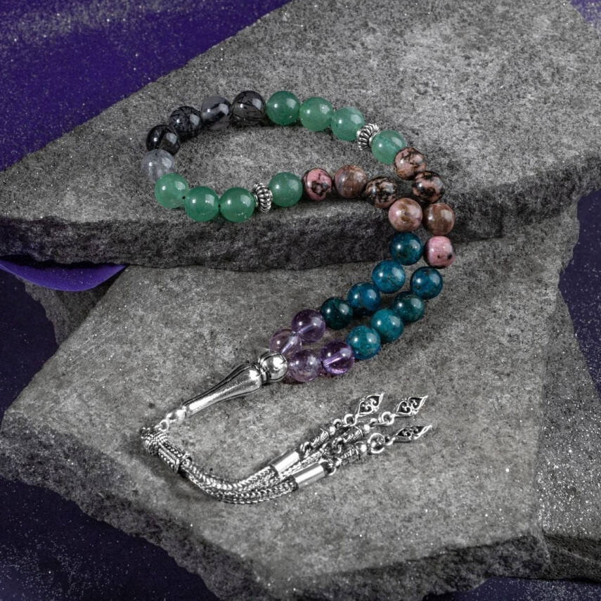 Boğa Burcu Tesbih Ametrin, Mavi Apatit, Rodonit, Rutilli Kuvars, Yeşil Aventurin - 3