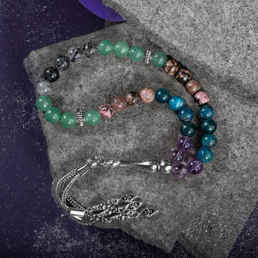 Boğa Burcu Tesbih Ametrin, Mavi Apatit, Rodonit, Rutilli Kuvars, Yeşil Aventurin - 2