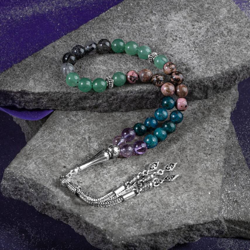 Boğa Burcu Tesbih Ametrin, Mavi Apatit, Rodonit, Rutilli Kuvars, Yeşil Aventurin - 3