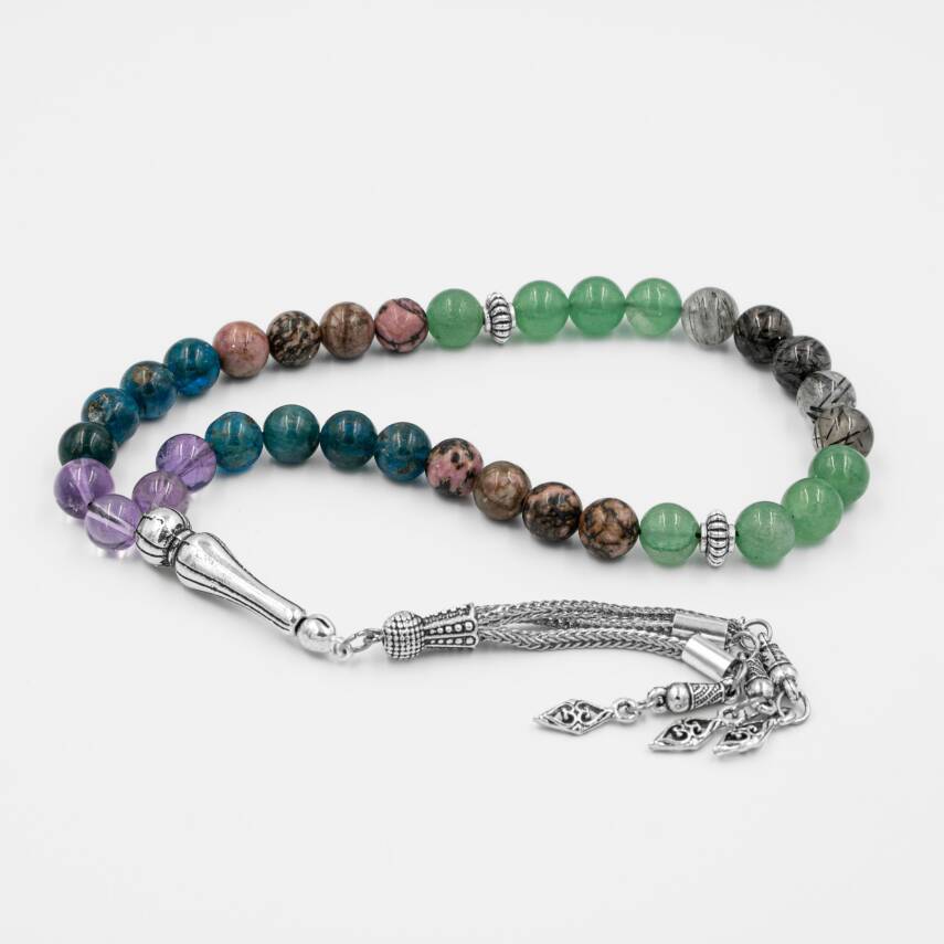 Boğa Burcu Tesbih Ametrin, Mavi Apatit, Rodonit, Rutilli Kuvars, Yeşil Aventurin - 4