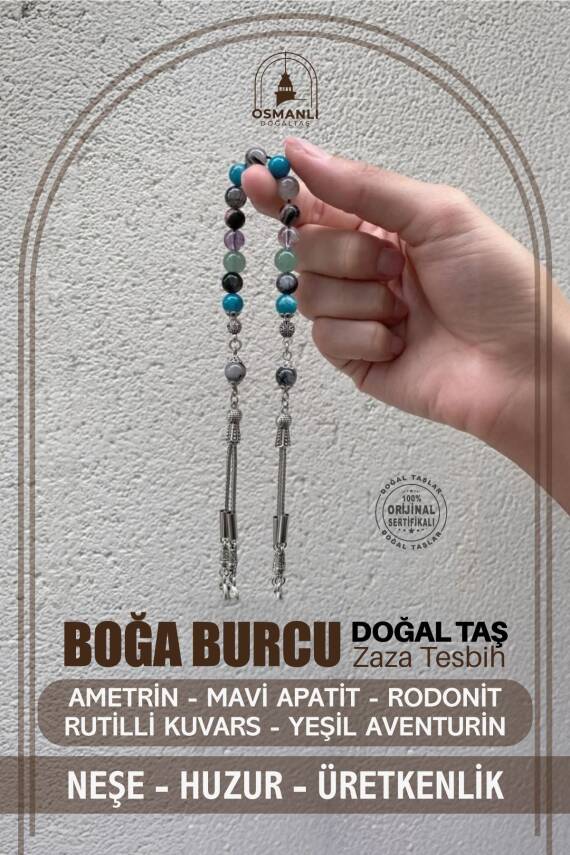 Boğa Burcu Zaza Tesbih Doğal Taş Ametrin, Mavi Apatit, Rodonit, Rutilli Kuvars, Yeşil Aventurin - 2