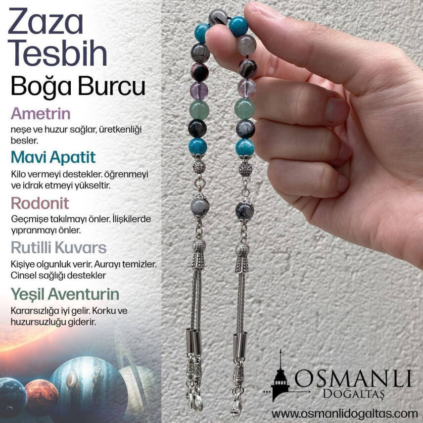 Boğa Burcu Zaza Tesbih Doğal Taş Ametrin, Mavi Apatit, Rodonit, Rutilli Kuvars, Yeşil Aventurin - 3