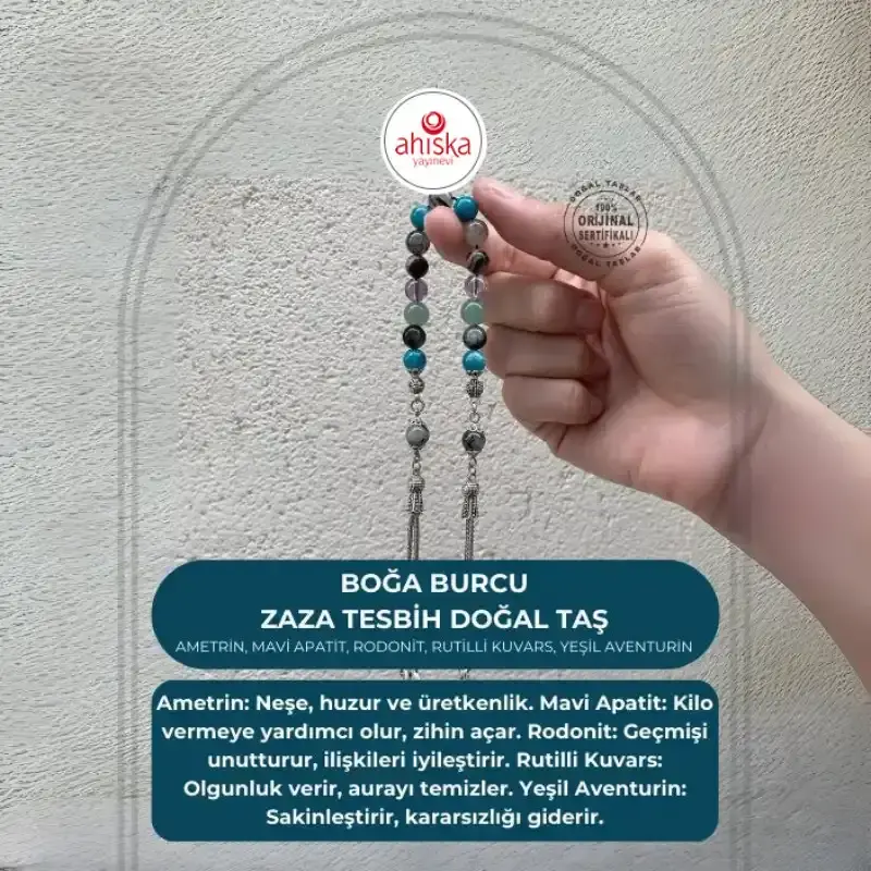 Boğa Burcu Zaza Tesbih Doğal Taş Ametrin, Mavi Apatit, Rodonit, Rutilli Kuvars, Yeşil Aventurin - 1