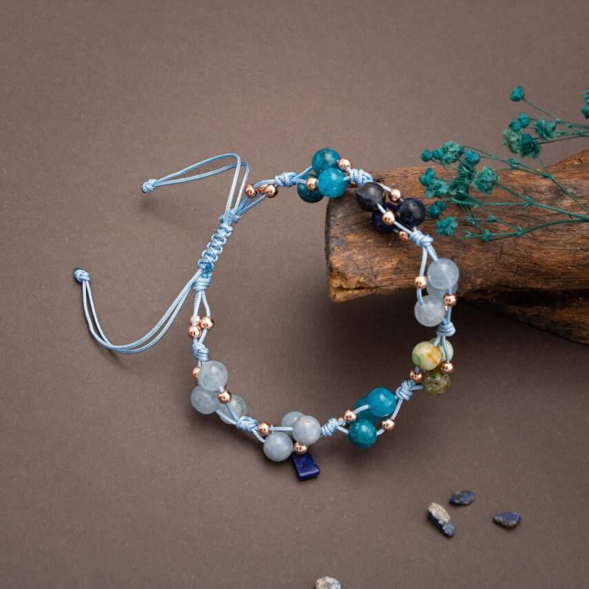 Boğaz Çakrası Doğal Taş Bileklik - Apatit-Akuamarin-Sodalit-Krizokol-Hematit - 2