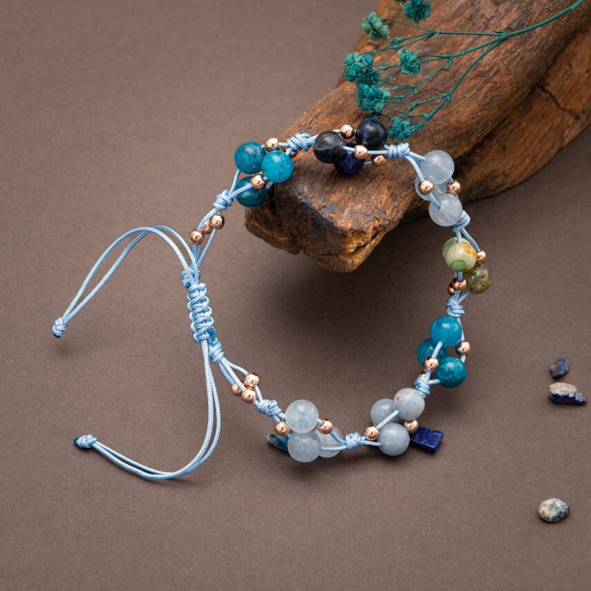 Boğaz Çakrası Doğal Taş Bileklik - Apatit-Akuamarin-Sodalit-Krizokol-Hematit - 4