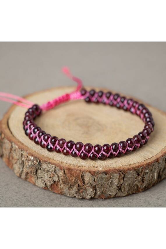 Bordo Granat Lal 4mm Çift Sıra Doğal Taş Bileklik - 2