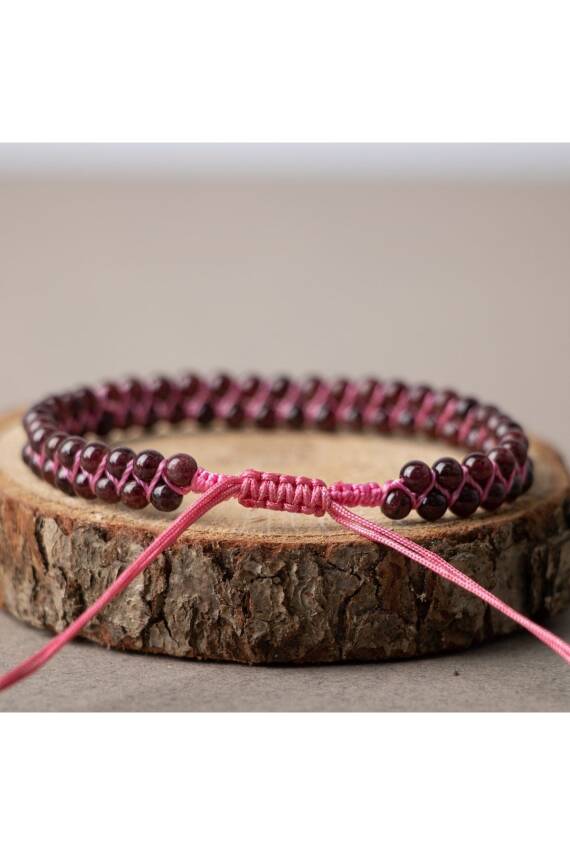 Bordo Granat Lal 4mm Çift Sıra Doğal Taş Bileklik - 3