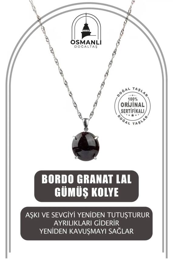 Bordo Granat Lal Doğal Taş Gümüş Zincir Kolye - 2