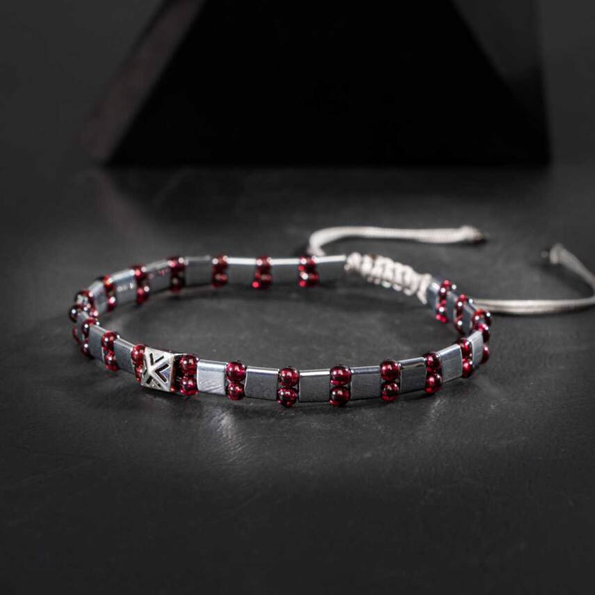 Bordo Granat Lal-Hematit Doğal Taş Erkek Makrome Bileklik - 1
