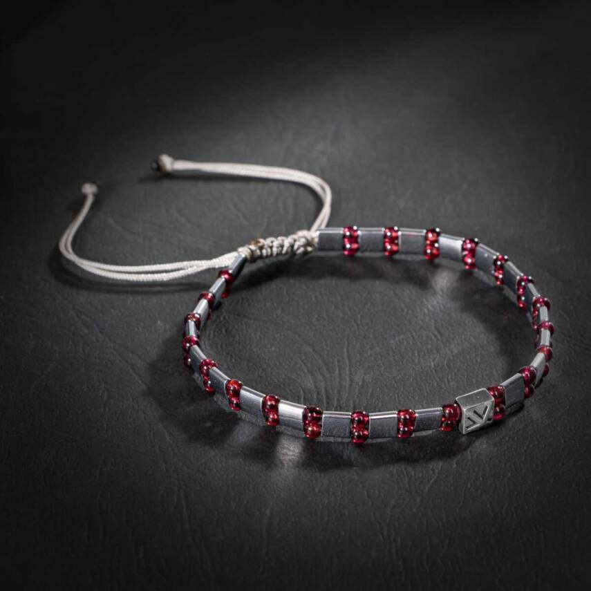 Bordo Granat Lal-Hematit Doğal Taş Erkek Makrome Bileklik - 5