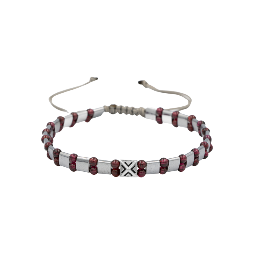 Bordo Granat Lal-Hematit Doğal Taş Erkek Makrome Bileklik - 1