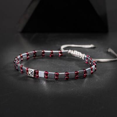 Bordo Granat Lal-Hematit Doğal Taş Erkek Makrome Bileklik - 2