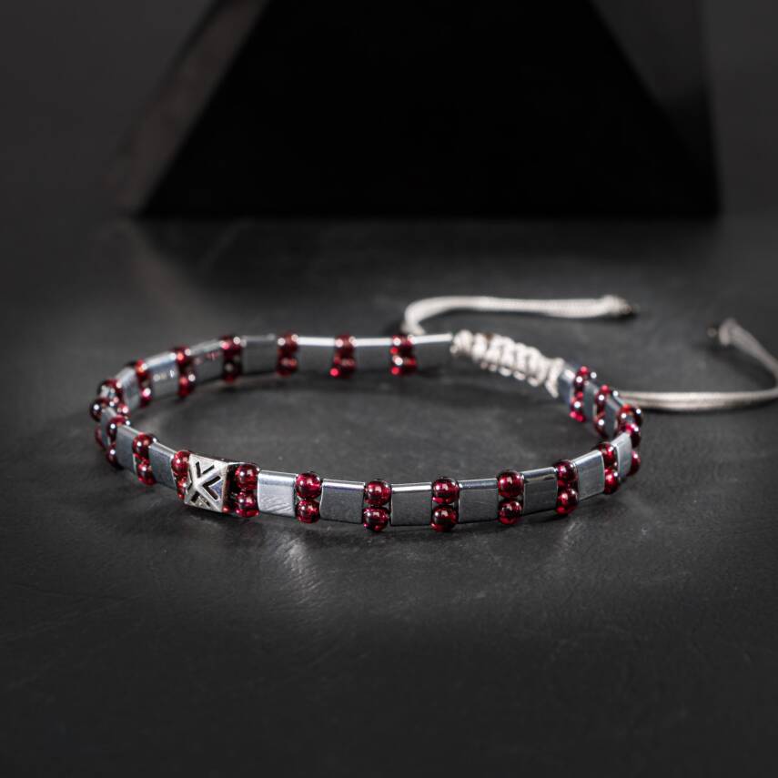 Bordo Granat Lal-Hematit Doğal Taş Erkek Makrome Bileklik - 2