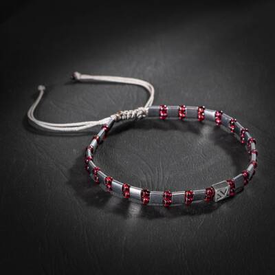 Bordo Granat Lal-Hematit Doğal Taş Erkek Makrome Bileklik - 5