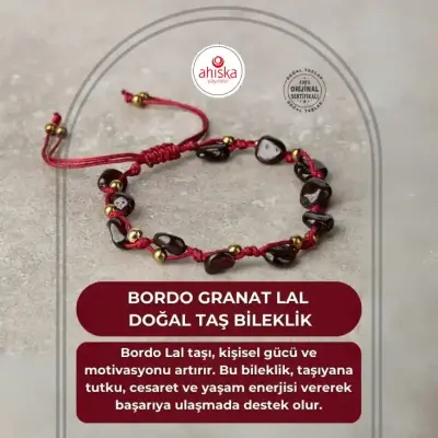 Bordo Granat Lal Natürel Kesim Doğal Taş Makrome Bileklik - 1