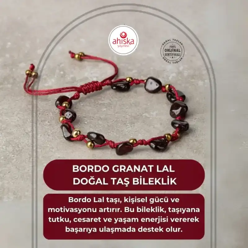 Bordo Granat Lal Natürel Kesim Doğal Taş Makrome Bileklik - 1
