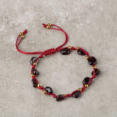 Bordo Granat Lal Natürel Kesim Doğal Taş Makrome Bileklik - Osmanlı Doğaltaş