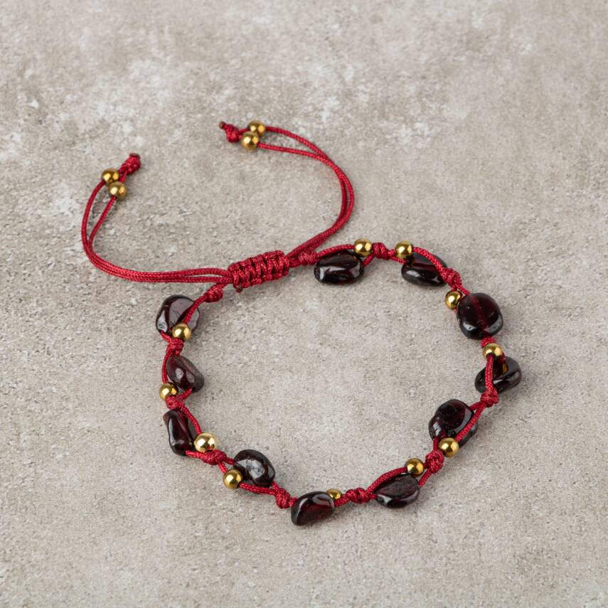 Bordo Granat Lal Natürel Kesim Doğal Taş Makrome Bileklik - 1