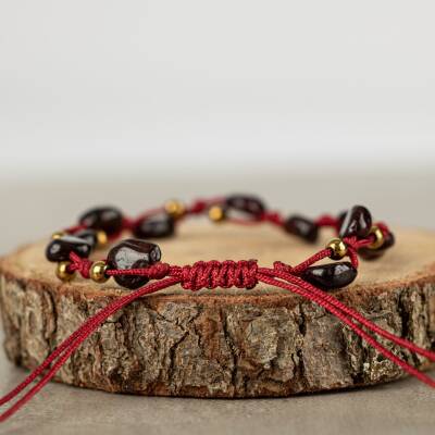 Bordo Granat Lal Natürel Kesim Doğal Taş Makrome Bileklik - 4