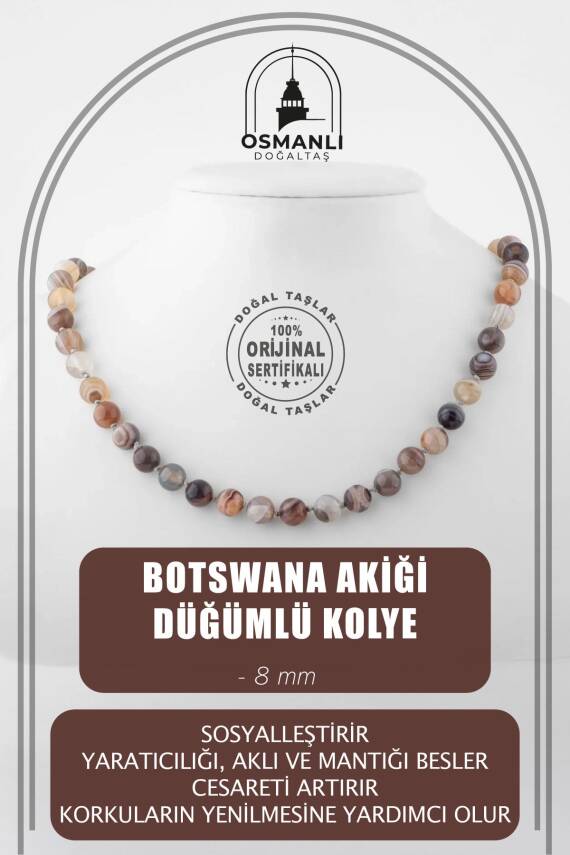 Botswana Akiği 8 mm Düğümlü Doğal Taş Kolye - 1